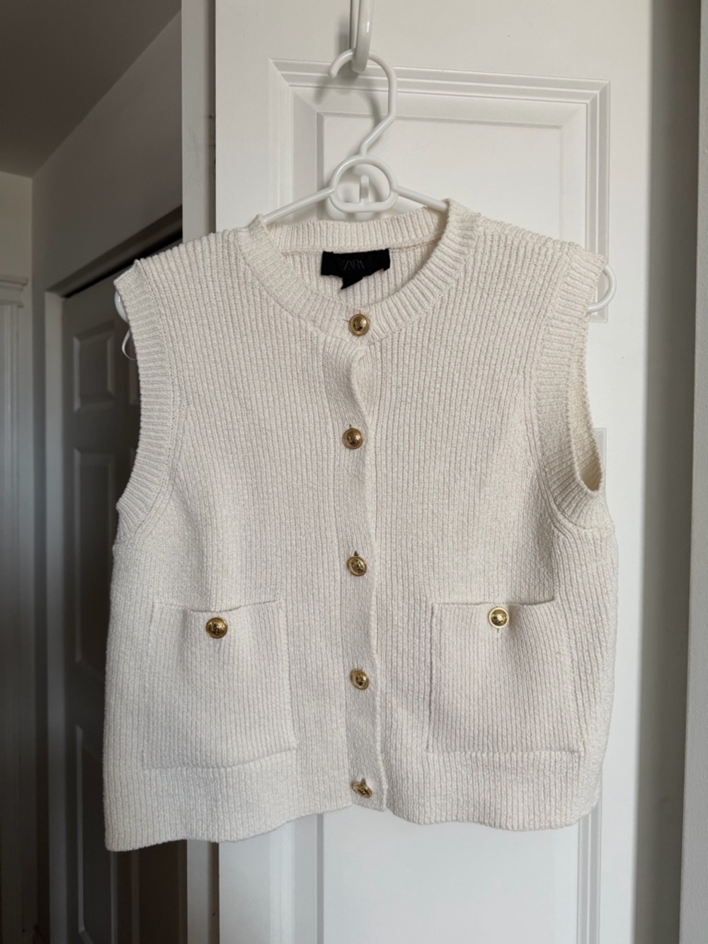 Zara Cream Knit Button-Front Vest with Gold Buttons